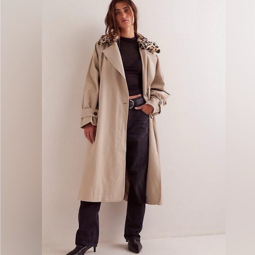 Free People X Revolve Need It Trench Tan French Oak Leopard Print Collar Nwt